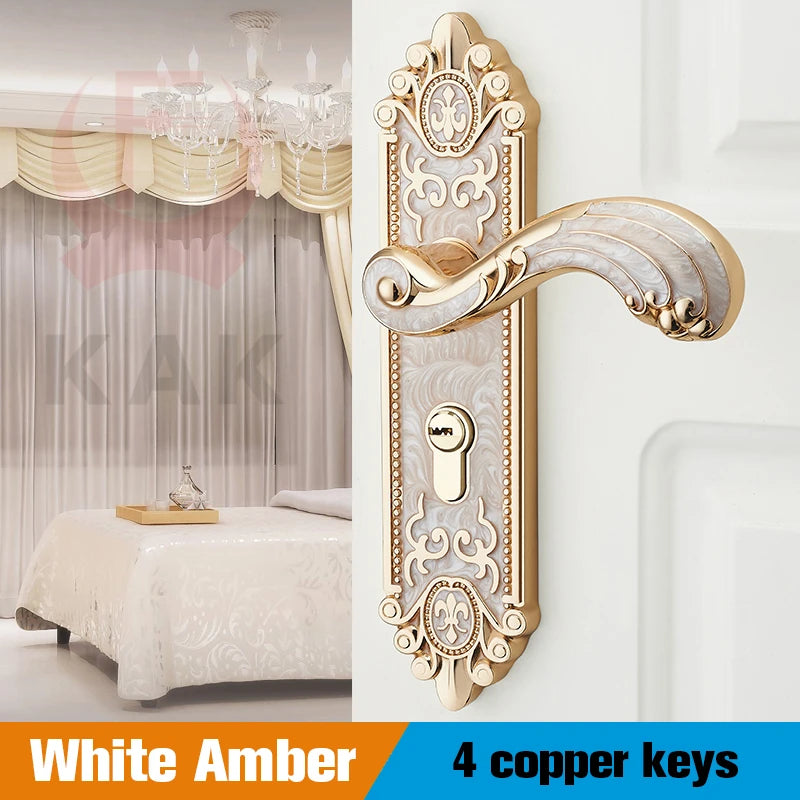 KAK European Style Gold Door Locks with Keys Door Handle Ivory White Security Entrance Door Lock Mute Anti-theft Door Hardware Vue White Amber 50mm 45mm