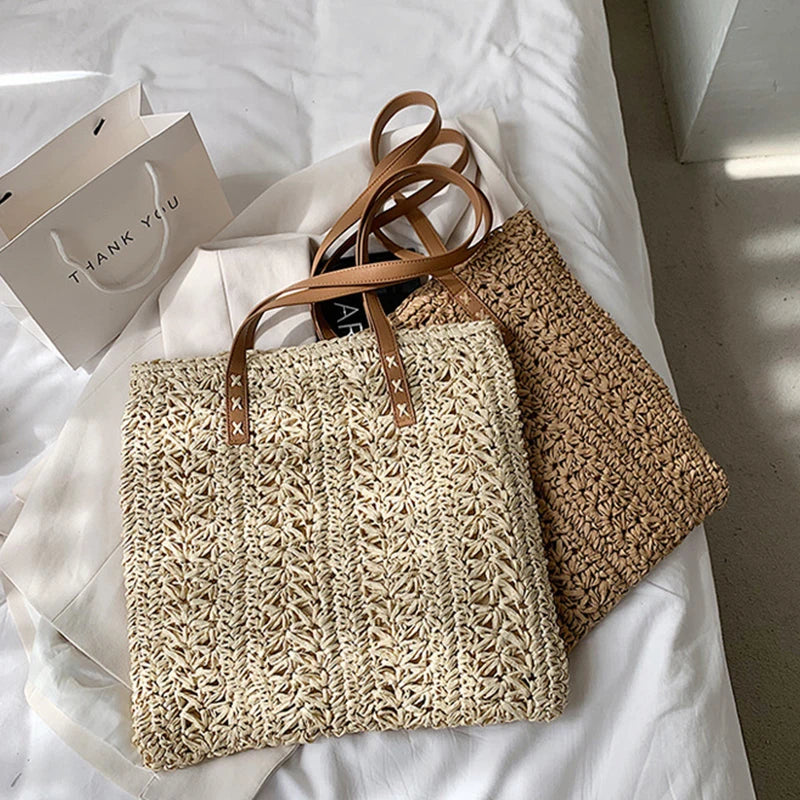 Square Hollow Straw Beach Bag Handmade Woven Shoulder Raffia Rattan
