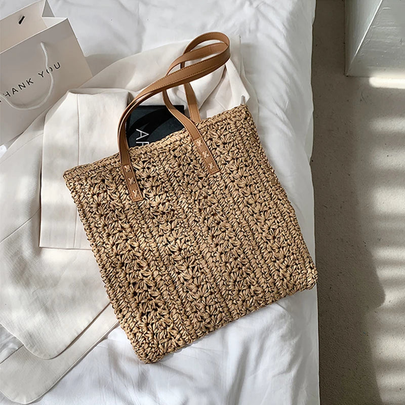 Square Hollow Straw Beach Bag Handmade Woven Shoulder Raffia Rattan Vue khaki 38x2x30cm
