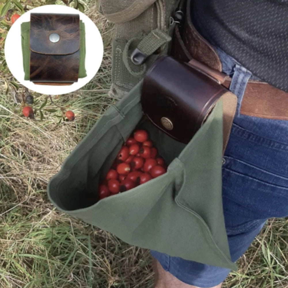 New Portable Outdoor Hiking Foraging Bag Fruit Picking Pouch Collapsible Berry Puch Storage Leather Bushcraft Canvas Bag Camping Vue