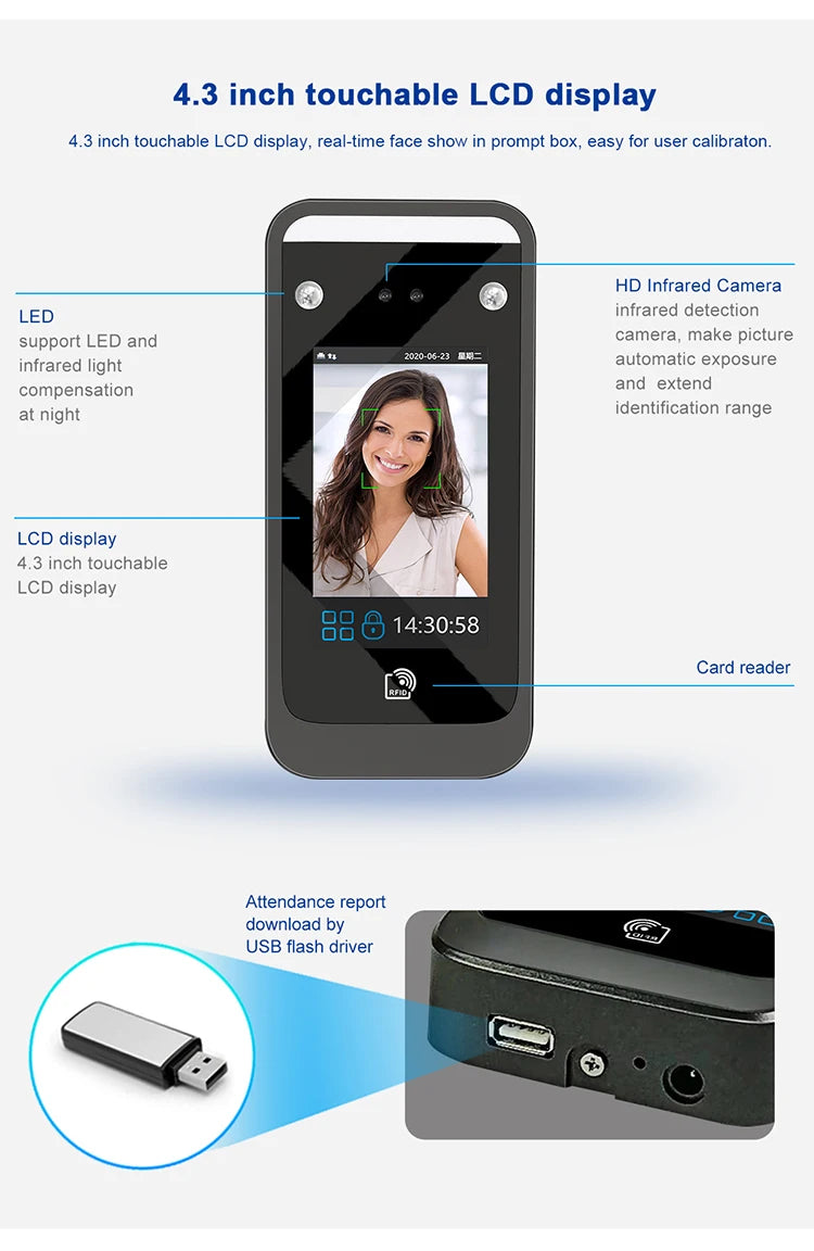 Dynamic Face Recognition Access Control System TCP/IP No Touch Contactless Facial 125Khz RFID Card HD Camera Time Attendance Vue