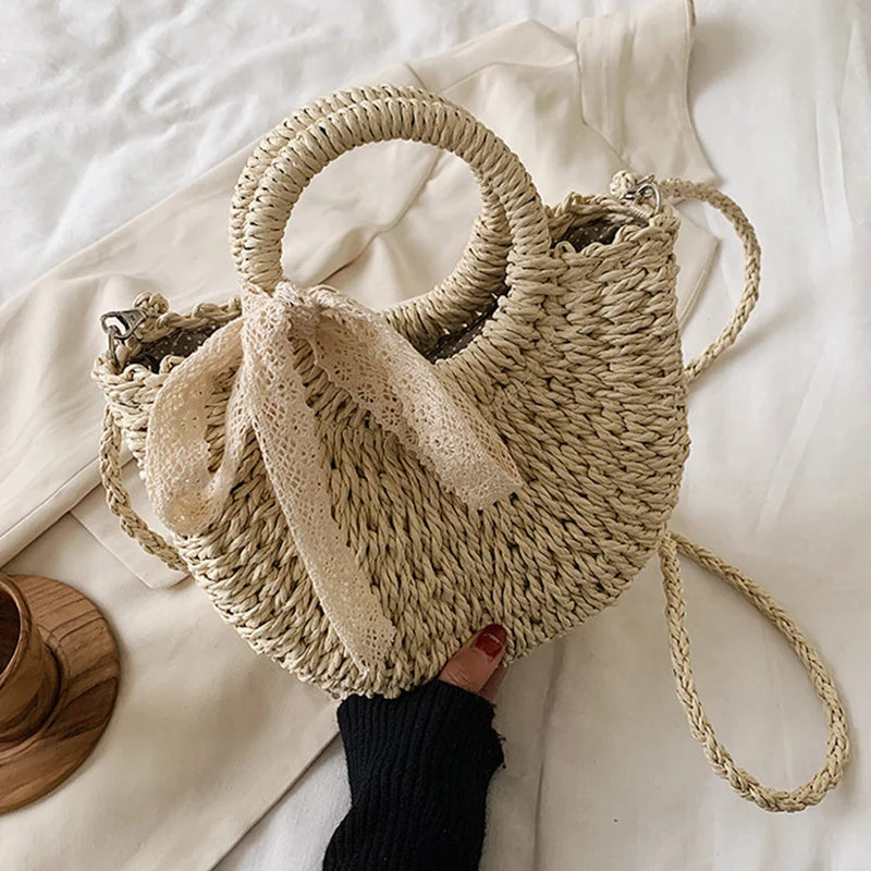 Straw Bag Women Hand-woven Handbag Moon Shape Lace Bow Rattan Big