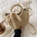 Straw Bag Women Hand-woven Handbag Moon Shape Lace Bow Rattan Big