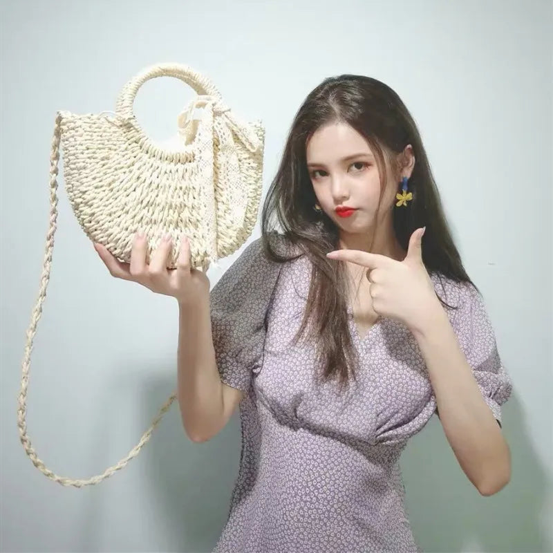 Straw Bag Women Hand-woven Handbag Moon Shape Lace Bow Rattan Big