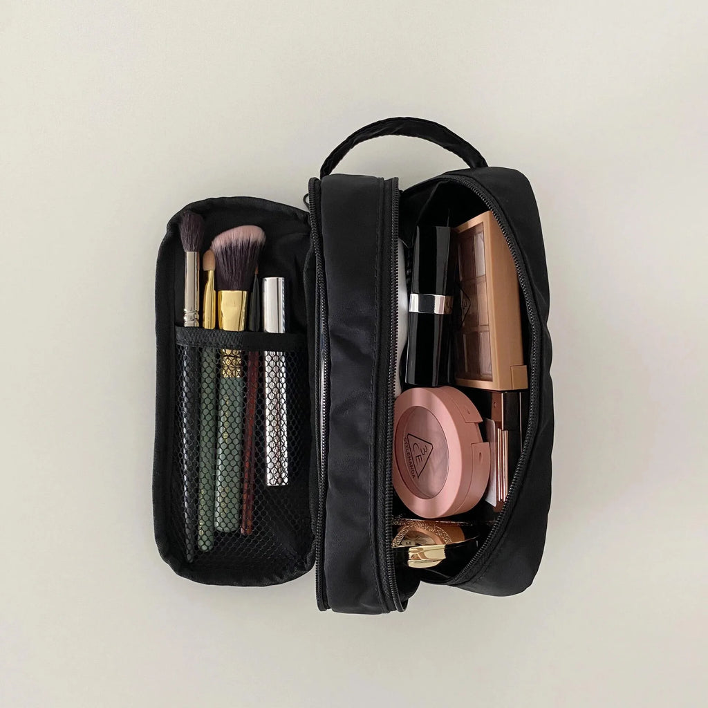 Double Layer Cosmetic Bag Nylon Travel Makeup Organizer Large Capacity Toiletry Bag Multifunction Pencil Case Brush Holder Vue WN-Black