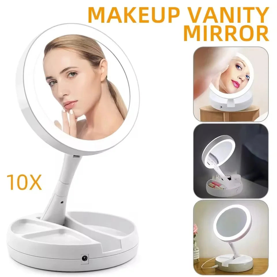 Double-Sided Travel LED Makeup Mirror with 10X Magnification Folding Portable Cosmetic Mirror with Lights Dual Powered Supply Vue