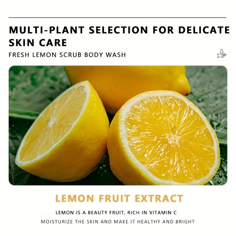 300ml Lemon Scrub Shower Gel, Alcohol-Free, Non-Greasy, Formaldehyde-Free, Rich in Citric Acid, Vitamin E, and Hyaluronic Acid, Suitable for All Light Beige Skin Types, with a Fresh Scent, Featuring Moisturizing, Nourishing, Vue