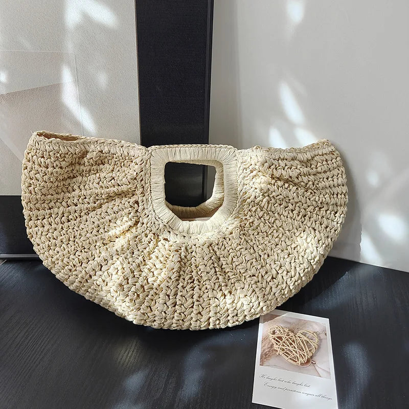 Summer Woven Straw Bag Moon Large Capacity Purse Handbag Women Beach