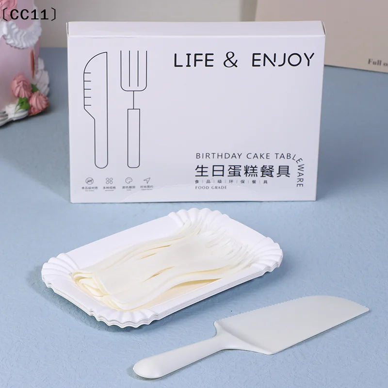 5/10/20/30 set White Birthday Cake Knife Fork Set Plastic Disposable Dinner Plate Set Baking Cake Tableware〔CC11〕 Vue