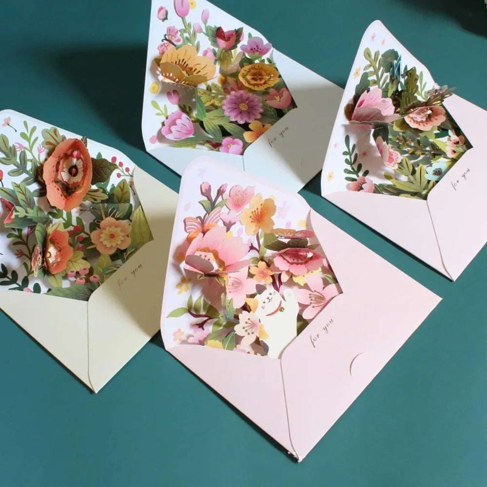 3D Flower Pop-up Greeting Cards with Envelope Hot Stamped Valentine's Day Greeting Cards Postcard Thank You Letter Wedding Vue