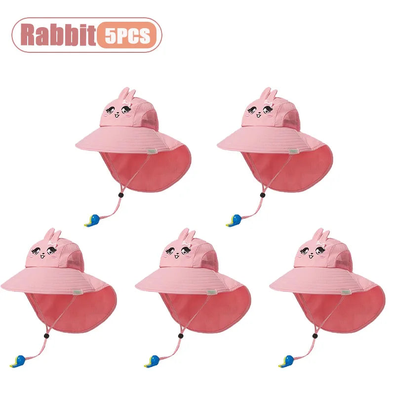 1-10PCS Kids UV Protection Sun Hat Baby Toddler Bucket Hat Wide Brim Breathable Outdoor Cap for Boys Girls Spring Summer Vue Rabbit-5PCS