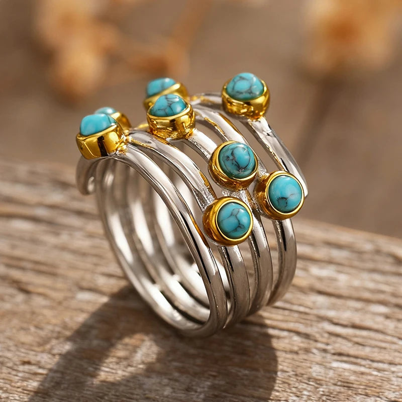 Huitan Vintage Bohemian Imitation Turquoise Ring for Women Fashion Ring Vue