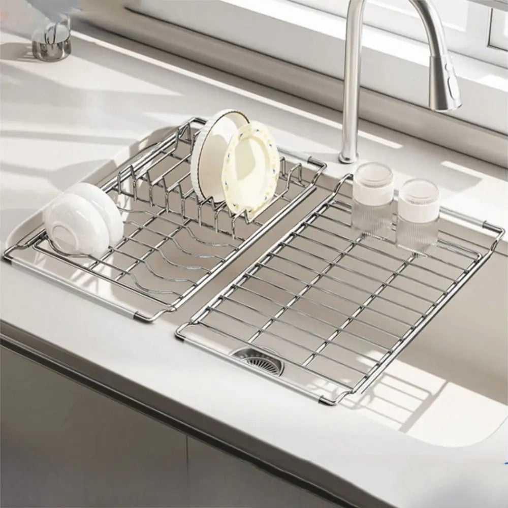 Stainless Steel Expandable Dish Rack Rustproof Non-slip Kitchen Sink Organizer Rectangular Multifunctional Bowl Drain Shelf Vue