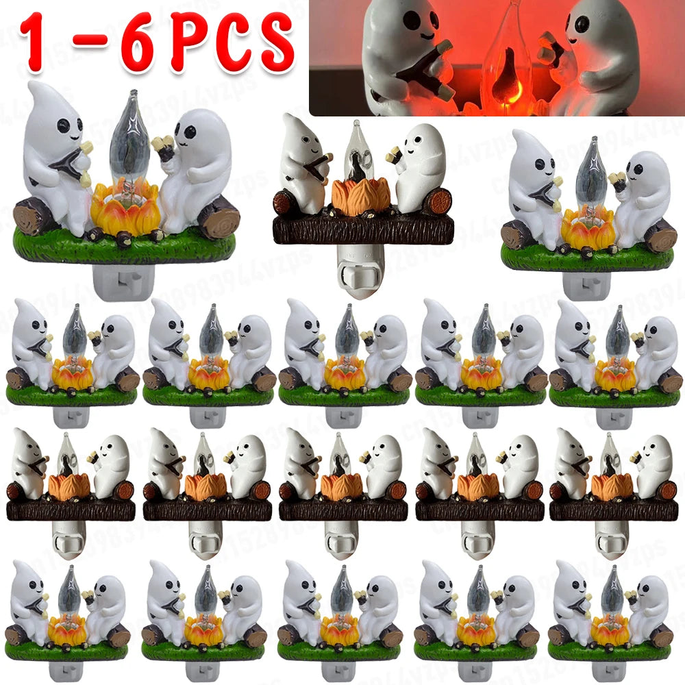 1-6Pcs Ghost Campfire Night Light Fashionable Spooky Fire Faux Lantern Plug in Lamp Halloween Ghost Campfire Halloween Decor Vue