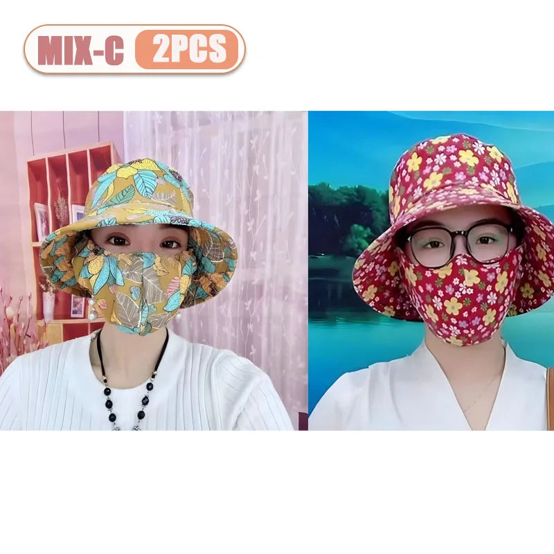 1-2PCS Women‘s Sun Hat with Face Mask Floral Leaf Pattern Wide Brim UV Protection for Outdoor Hiking Gardening Beach Vue Mix C-2PCS
