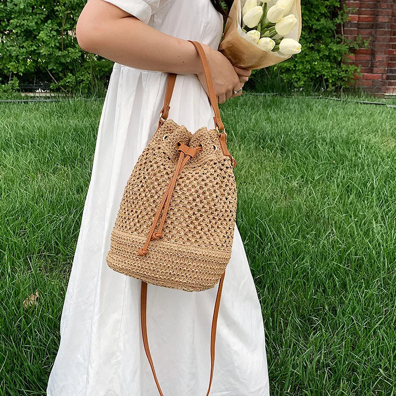 Woven Straw Bag Ladies Bucket Crossbody Summer Beach Retro Travel
