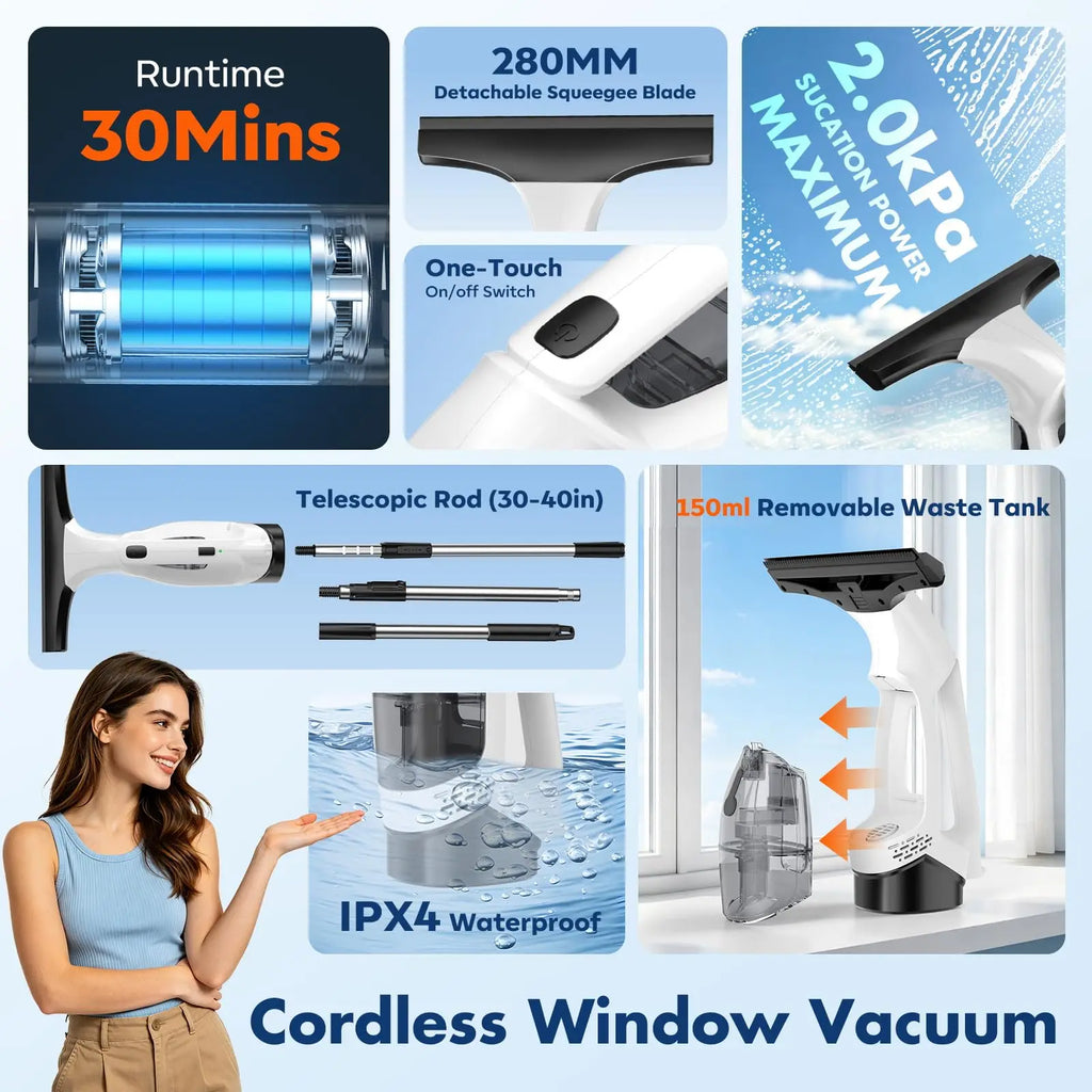 Cordless Window Vacuum Squeegee with Extension Pole, Electric Window Cleaner, Portable Cleaning Kit for Glass Doors, Windows, Mi Vue