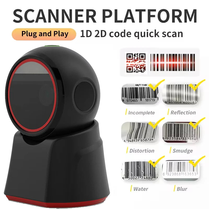 Wired 2D Barcode Scanner Desktop Scanning Platform Auto QR Code Data Matrix PDF417 Bar Code Reader USB For Retail Supermarket Vue
