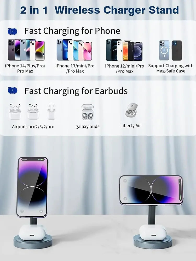 2 In 1 Magnetic Wireless Charger Stand Pad Foldable Charging Station For iPhone 15 14 13 12 Pro Max Apple Watch 8 7 Airprods Pro Vue