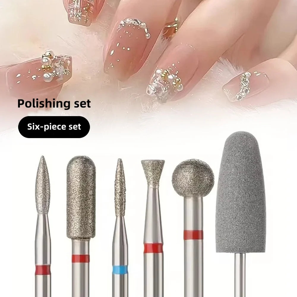 6Pcs/Set Diamond Sand Nail Grinding Drill Bits Reusable Cuticle Polishing Head Electric Manicure Tool for Acrylic Nail Removal Vue