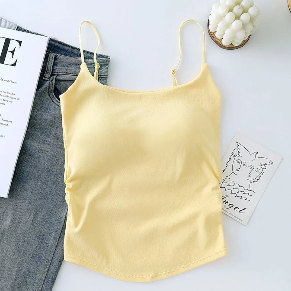 Sweet Sleeveless Suspender Vest Underwear Padded Cups Camisole Slim Vue Yellow One Size