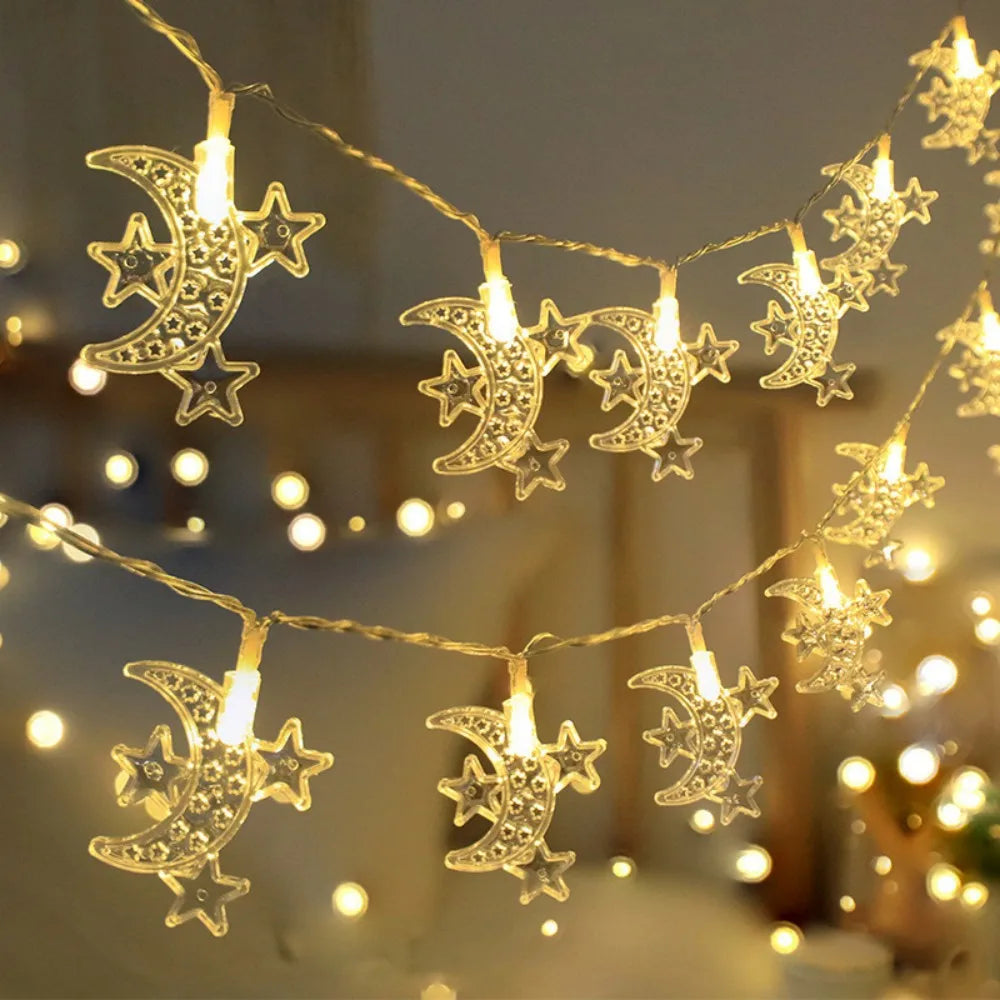 1PC 1.5M10LED/3M20LED Ramadan three stars and moon light string,powered by AA batteries(excl),used for room Ramadan decoration Vue Warm white 1PC 1.5M10LED