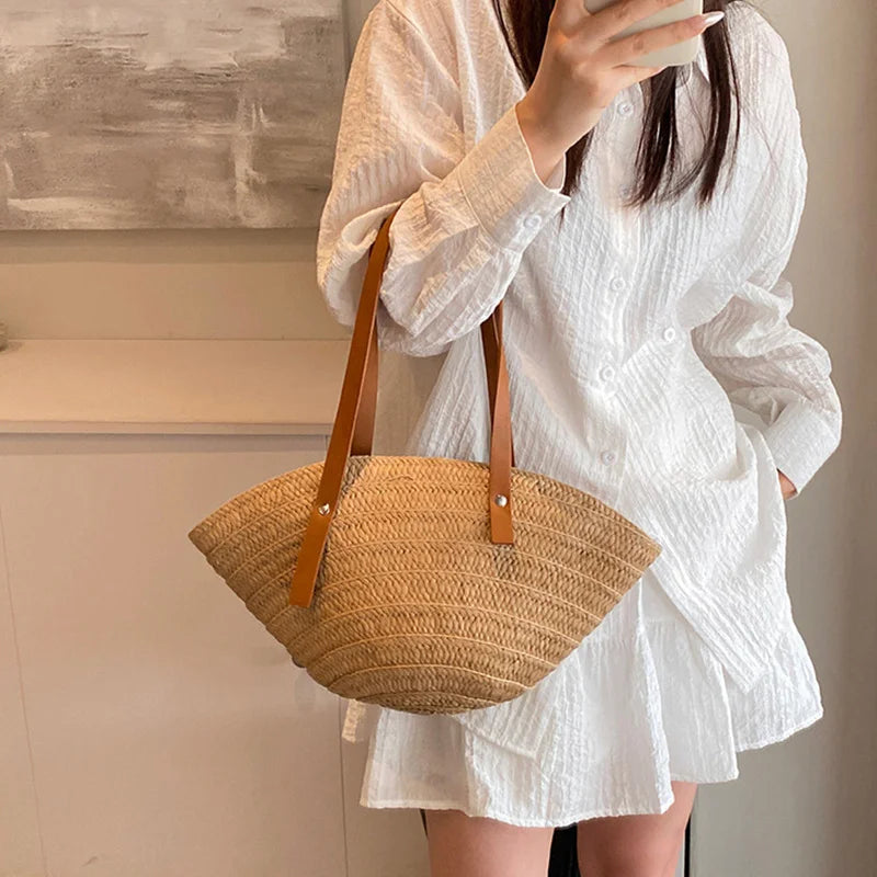 Women Braided Basket Top-handle Bag Large Capacity Straw Portable