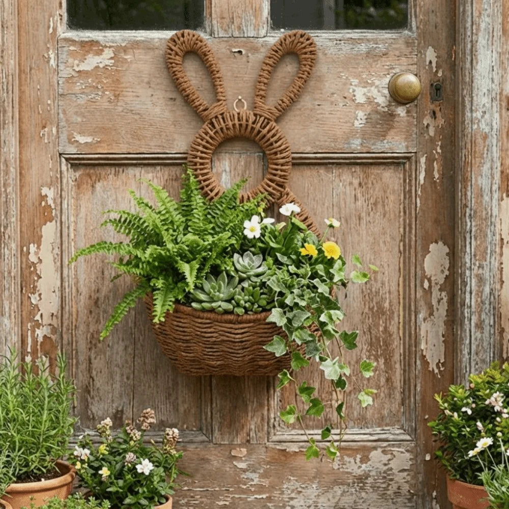 Hand Woven Easter Bunny Basket Natural Willow Handmade Easter Wall Pocket Gift Holder Cute Rabbit Plant Hanging Basket Vue