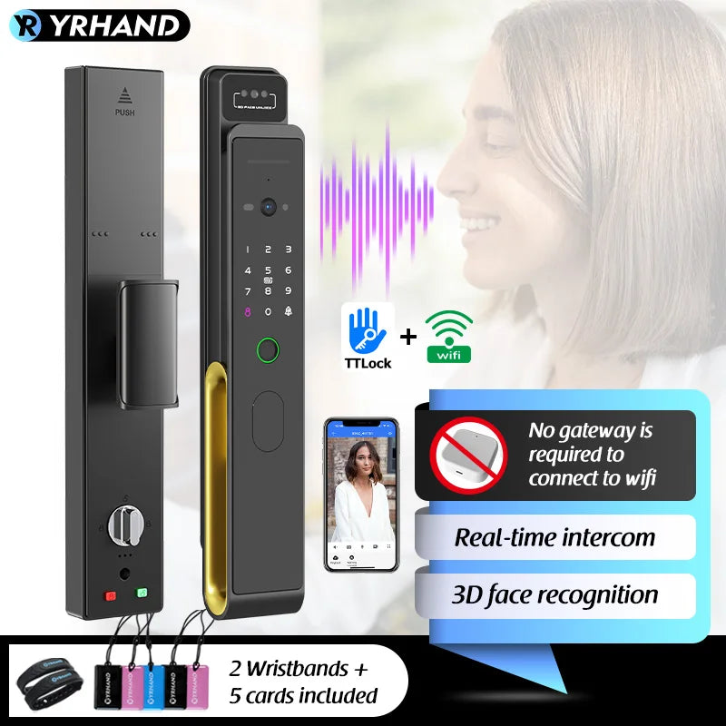 YRHAND Ttlock WiFi 3D Face Recognition Smart Fingerprint Door Lock With Camera Remote APP Real time intercom For Smart Home Vue