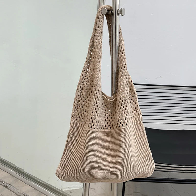 Vintage Hollow Woven Underarm Shoulder Bag Knitted Handbag Women Vue khaki