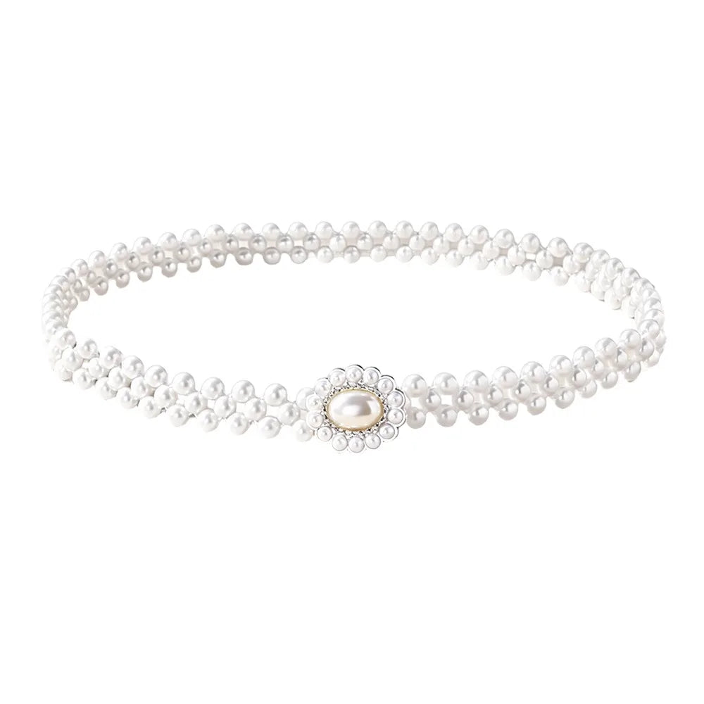 Pearl Beads Waist Chain Stretch Elastic Band Thin Narrow Waistband Vue I