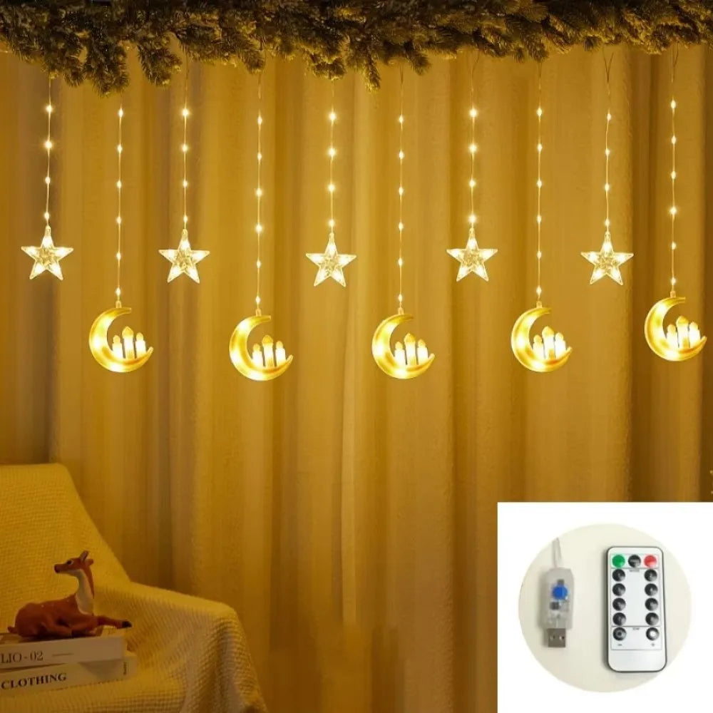 1PC USB Powered Ramadan Indoor Moon/Star Castle Leather Curtain Light,8 Modes Hanging Fairy Light for Muslim Festival Home Party Vue