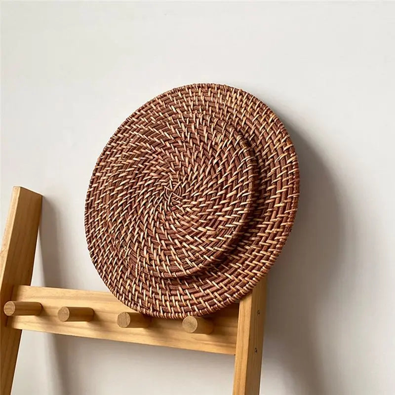 ABKW-Rattan Tray Retro Elegant Fruit Plate Round Dessert Plate Tabletop Decoration Vue