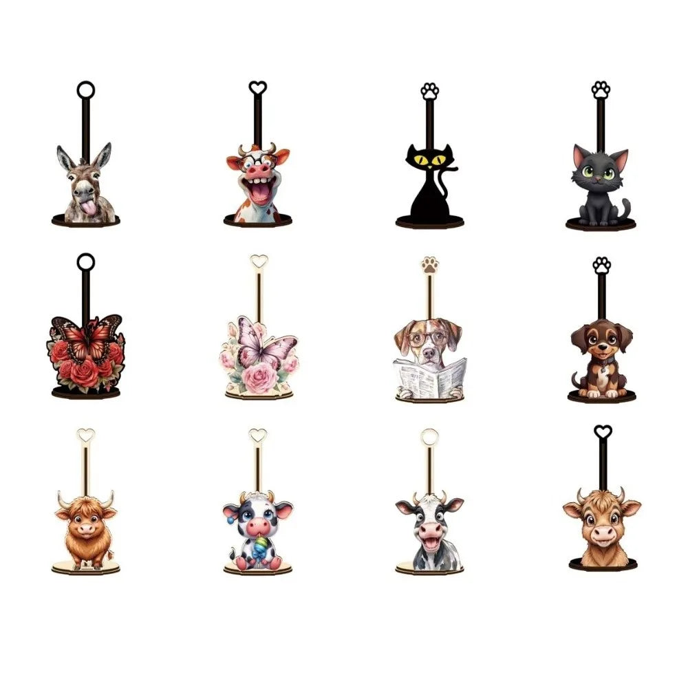 Animal Themed Animal Wooden Tissue Holder Food Wrap Cartoon Cattle Cat Dog Kitchen Towel Rack Wooden Vertical Cloth and Towel Vue