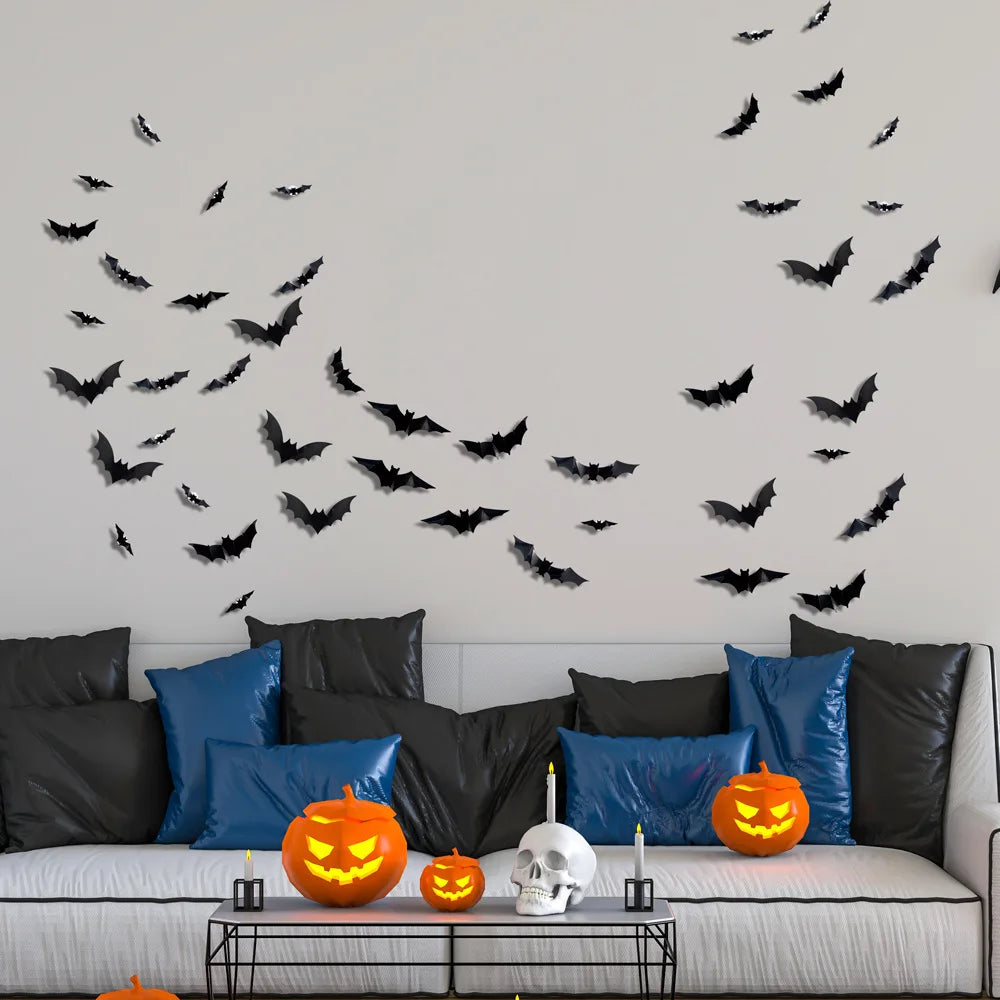 24pcs Halloween Bat Stickers Halloween Decoration 3D Black PVC Bat Wall Stickers Halloween Room Outdoor Decor Scary Decos Props Vue