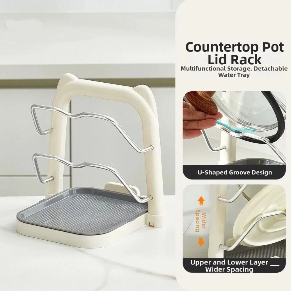 Double Layer Pot Lid Storage Rack Anti-Slip No Drill Pot Cover Shelf Detachable Drainage Tray Kitchen Organizer Rack Cabinet Vue