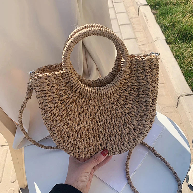 Straw Bag Women Hand-woven Handbag Moon Shape Lace Bow Rattan Big Vue khaki 19x8.5x23cm