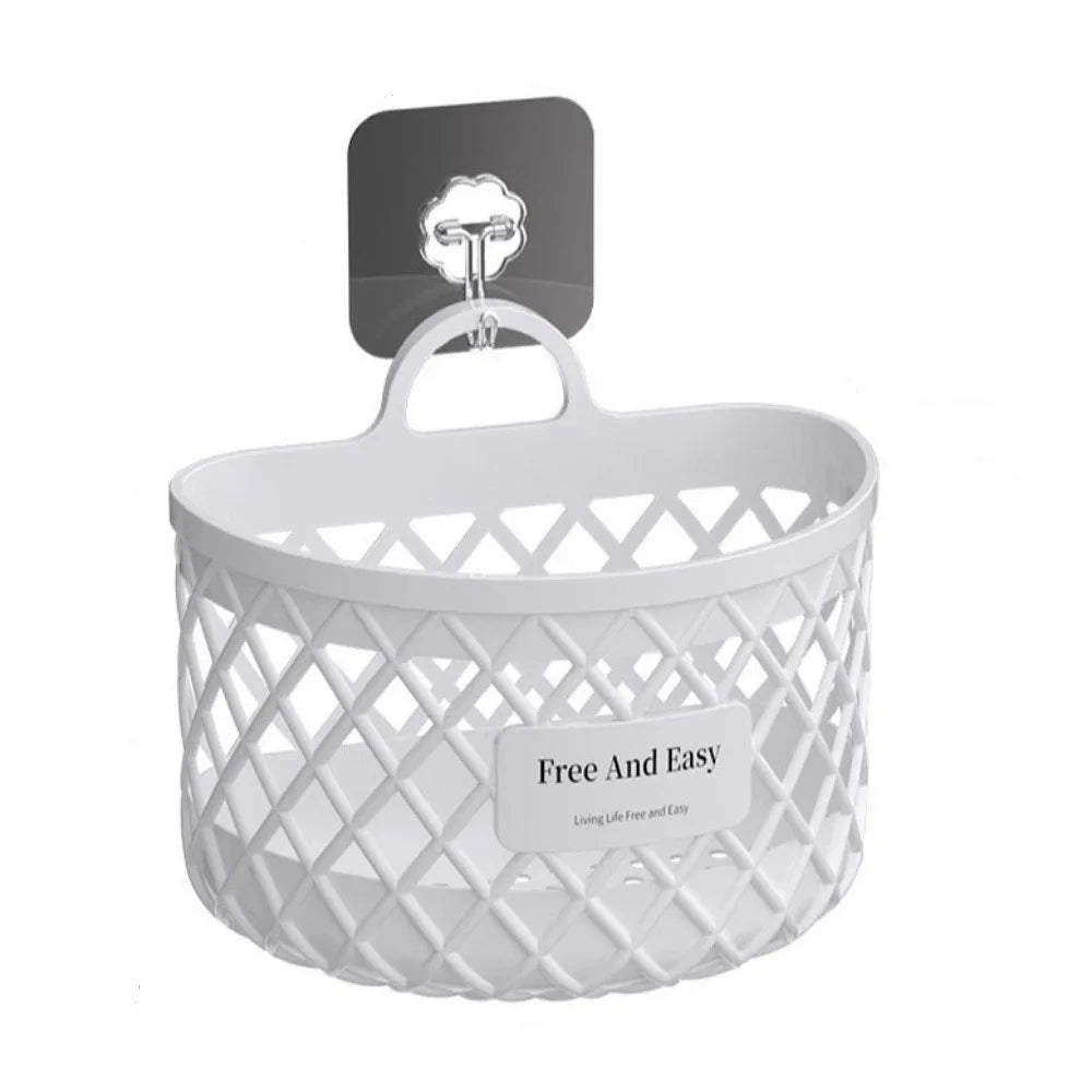 No Drill Hanging Storage Basket Multifunctional Drainage Shelf Kitchen Storage Basket Hollow Out Plastic Toiletry Holder Box Vue White