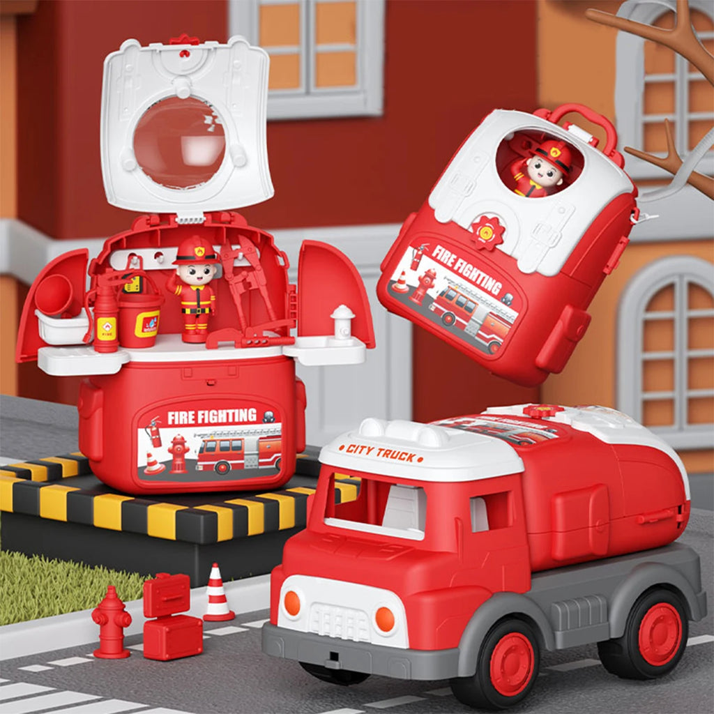 DIY Package Car Engineering Backpack, Mini Storage Play House Toy Car Bag Engineering Fire Fighting Police Style Model Toys Gift Vue