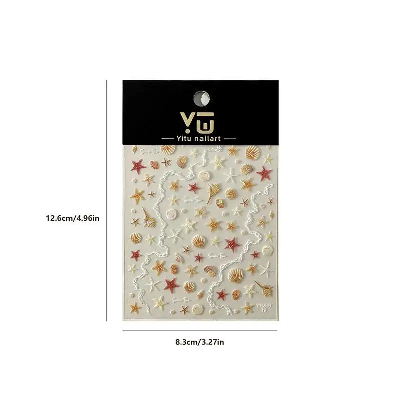 1 Sheet 5D Summer Seashell Nail Sticker Shiny Embossed Starfish Nails Stickers Summer Beach Sea Conch Nail Decals Decoration Vue