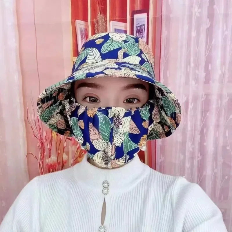 1-2PCS Women‘s Sun Hat with Face Mask Floral Leaf Pattern Wide Brim UV Protection for Outdoor Hiking Gardening Beach Vue