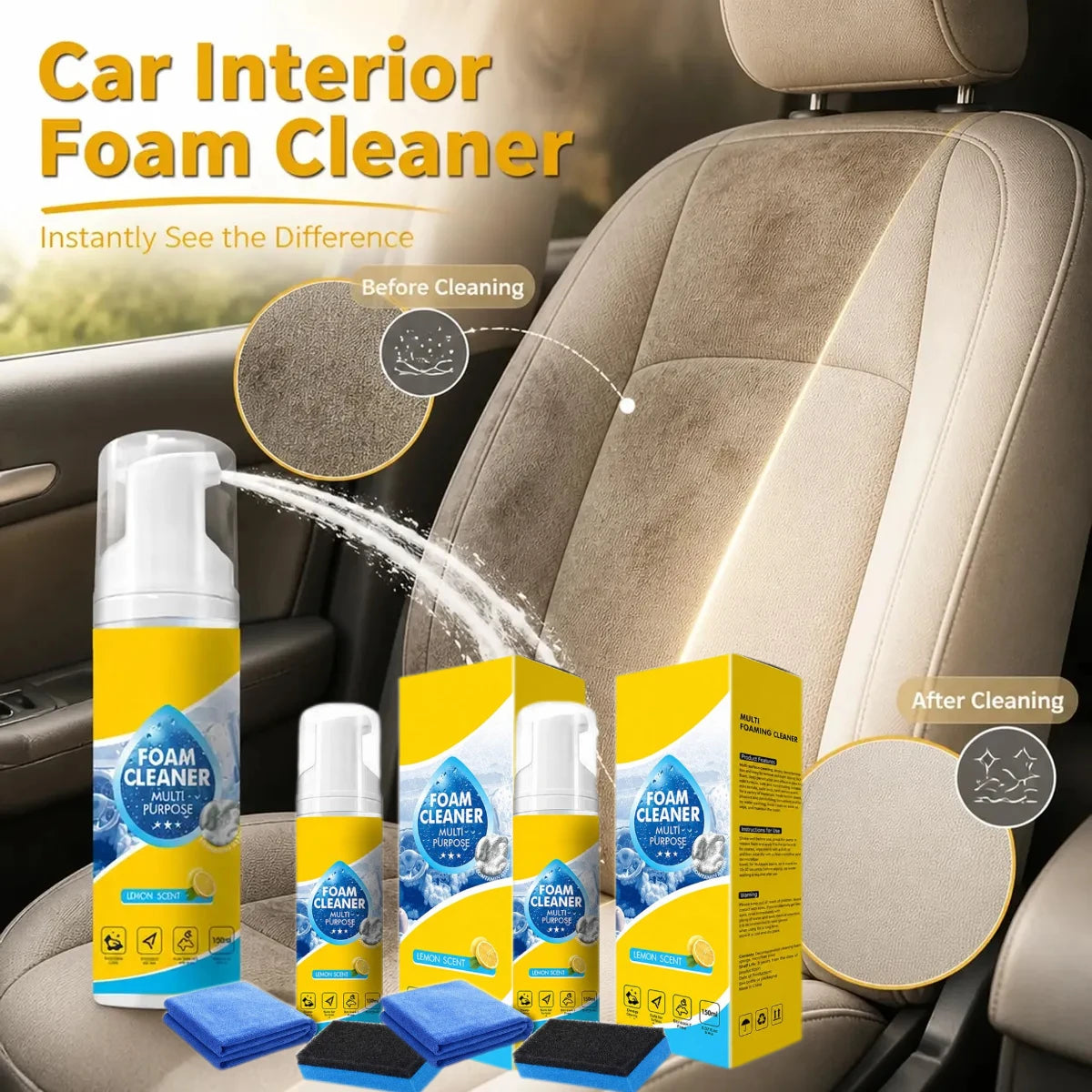 Lemon Scent Rinse-free Eliminate Odors Cleaner Strong Decontamination Interior Leather Seat Spray Multi-Purpose Car Foam Cleaner Vue