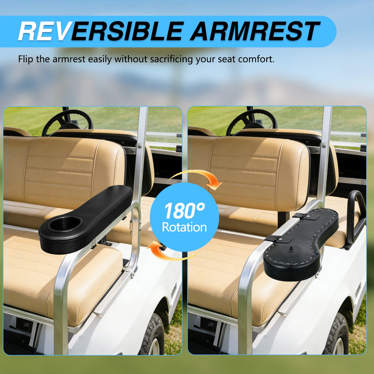 Nilight Golf Cart Armrest Black 2PCS Flip Stand Fits 1 inch Square No Drilling with Detachable Cup Holder Iron Bracket PU Leather Wooden Baseboard for EZGO Club Car Yamaha Rear Seat Vue