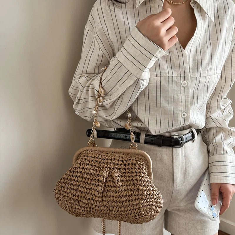 Summer Straw Weaving Crossbody Bag Fashionable Shell Women's Chain