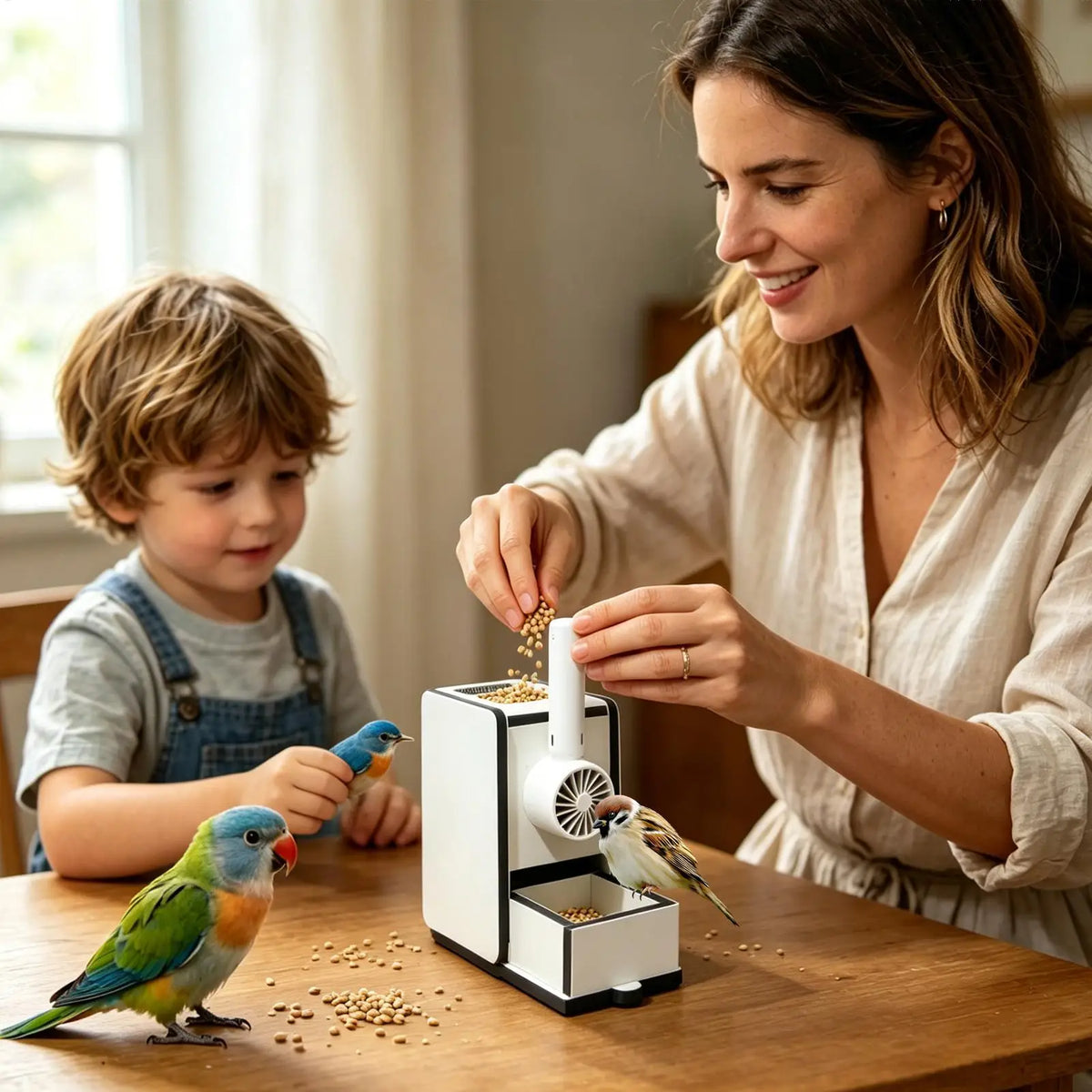 Bird Shelling Machine Wooden Rechargeable Bird Feed Shell Blower for Macaws Parrot Sparrow Parakeet Budgies Conures Cockatiels Vue