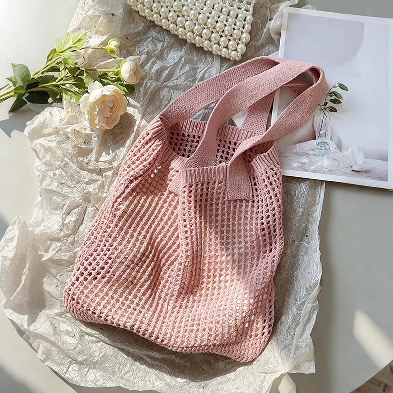 Women Girls Knitted Shoulder Bags Retro Hollow Woven Large Capacity Vue pink