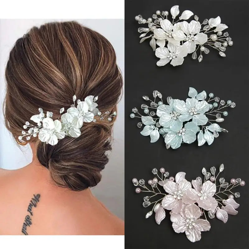 1Pcs Handmade White Brides Headdress New Crystal Pearl Flower Bridal Headwear Elegant Luxury Wedding Hairpin For Women Vue