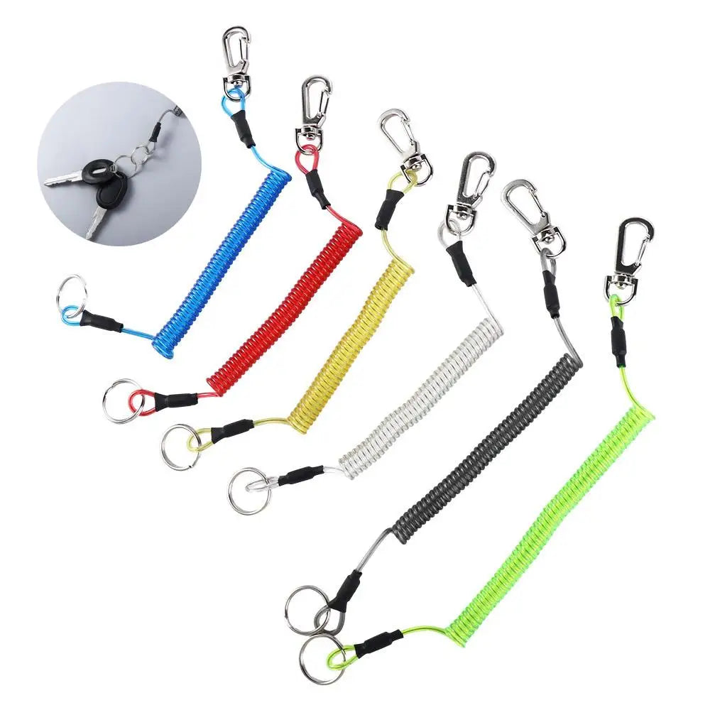 Key Cord Key Ring Key Chain Metal Carabiner Keyring Spring Elastic Rope Stretch Fishing Tools Spiral Coiled Lanyard Safety Rope Vue