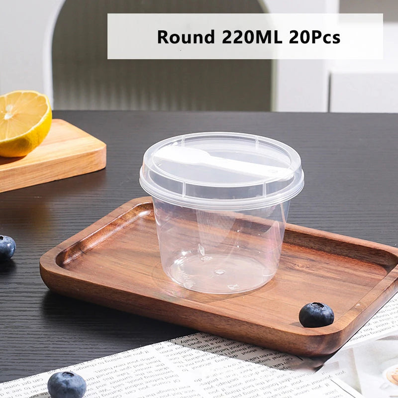 20PCS Plastic 220/280ml Dessert Cups With Lids Spoons Pudding Cup Dessert Cake Cup Appetizer Jelly Yogurt Dessert Baking Cup Vue Round