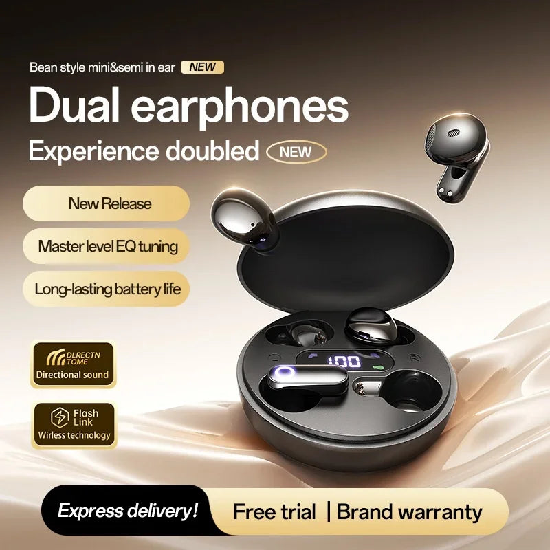 Wireless Earphones 2in1 Dual Use Bluetooth Earbuds Mini In-Ear Invisible Sleep Bluetooth Headphones Long Battery Digital Display Vue Black